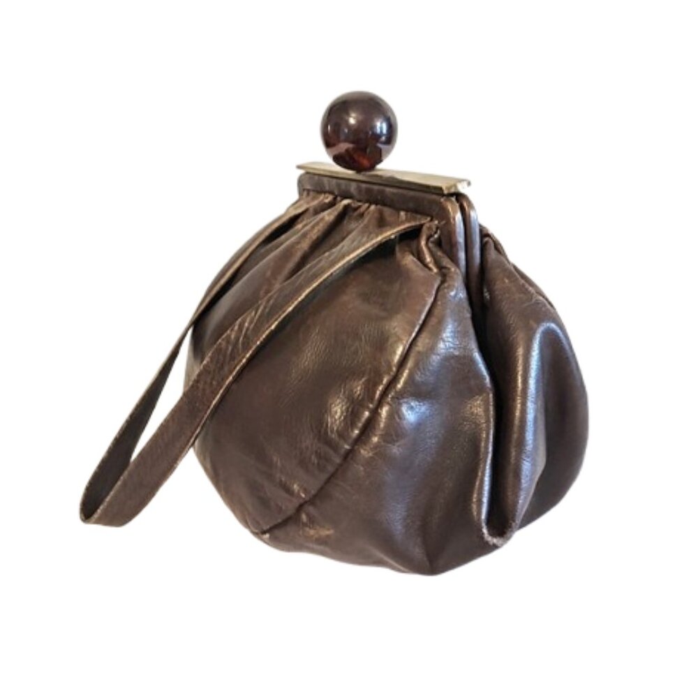 1950s Vintage Brown Leather Pouch Style Handbag With A Lucite Ball & Top Handles